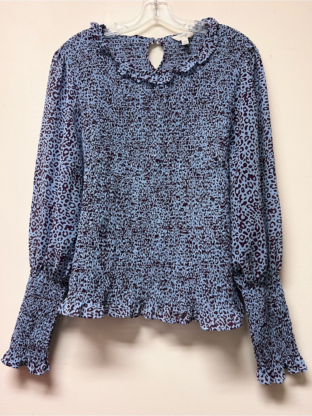 Terra & Sky Light Blue Smocked Leopard Print Ruffle Blouse